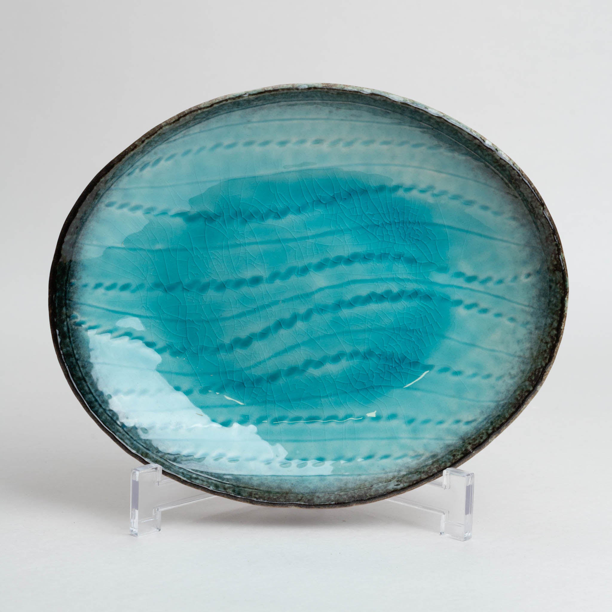 138-3487 Blue crackle-glaze oval mid plate