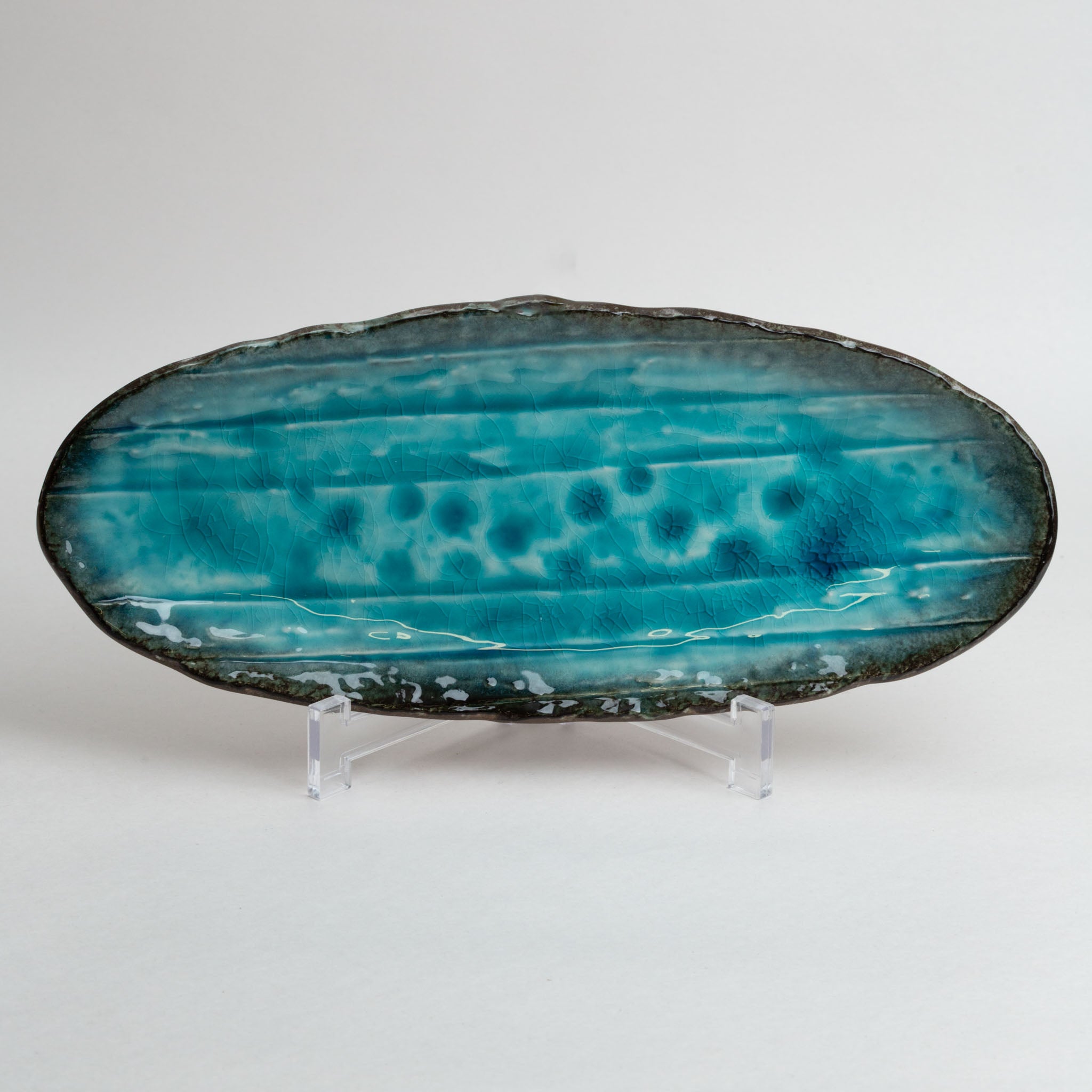 178-3484 Blue crackle-glaze oval plate