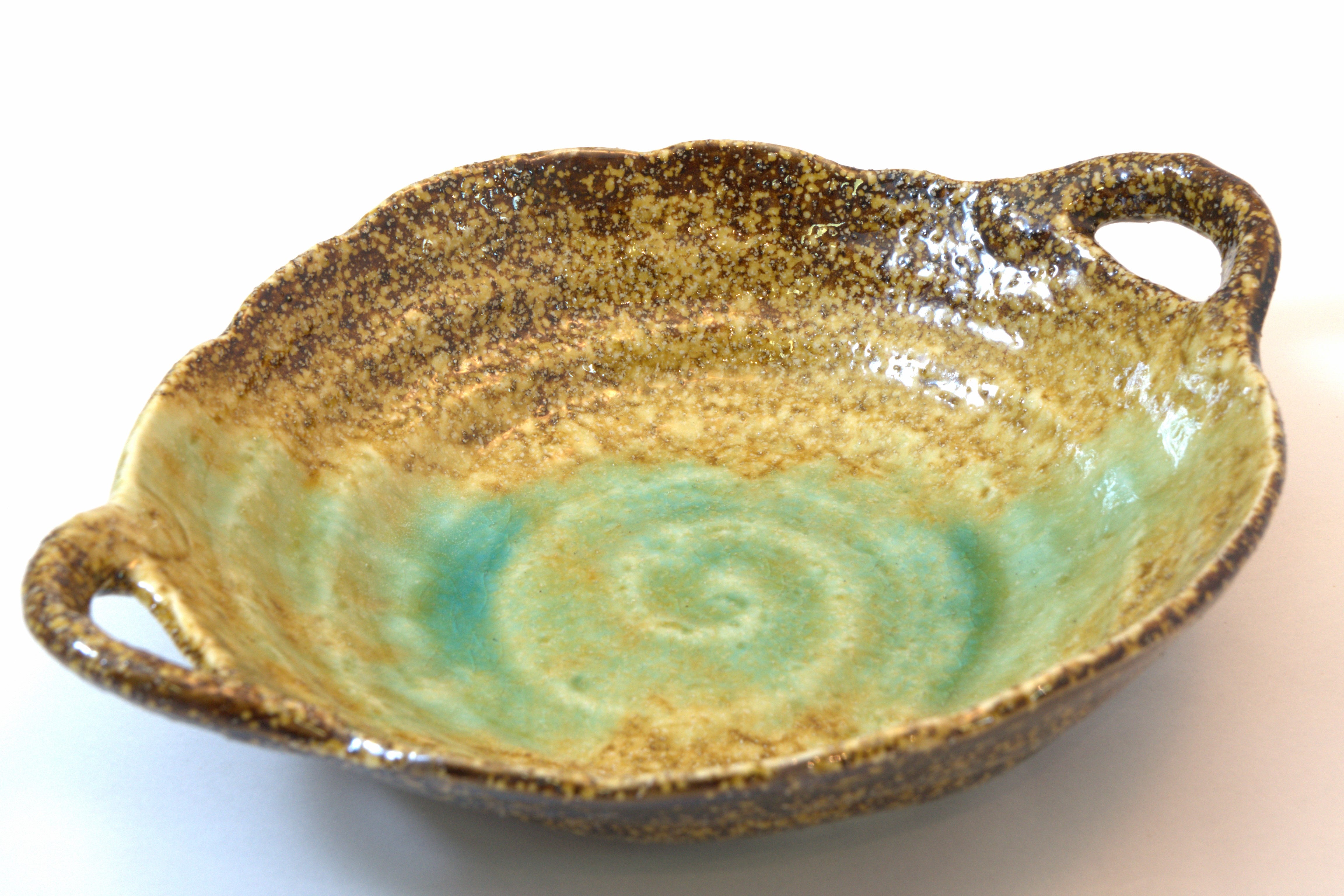 221-0613 Green on brown mid bowl with handles